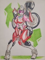 1girls 2d 2d_(artwork) arcee arcee_(rotb) big_ass closed_eyes color cute drawn female female_only gun gynoid holding_weapon honooafterdark hourglass_figure knock-kneed navel purple-tinted_eyewear red_body robot robot_girl shiny_skin slim_waist solo thick_thighs tinted_eyewear traditional_media_(artwork) transformers transformers_rise_of_the_beasts visor wheels wide_hips