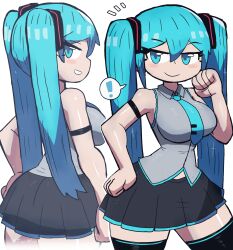 ! 1girls 2d aqua_necktie bangs black_skirt black_thighhighs blue_eyes blue_hair breasts collared_shirt color eyebrows_visible_through_hair eyes_visible_through_hair female female_only grey_shirt hatsune_miku large_breasts light-skinned_female light_skin long_hair multiple_views necktie simple_background skirt sleeveless sleeveless_shirt smug speech_bubble teeth thighhighs tie tony_welt twintails vocaloid white_background