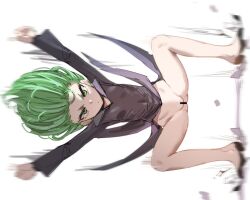 1girls bar_censor black_dress black_footwear bow_(bhp) breasts censored commentary_request dress female green_eyes green_hair long_sleeves looking_at_viewer motion_lines no_panties one-punch_man shoes short_hair simple_background small_breasts solo tatsumaki white_background