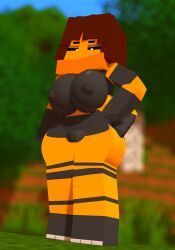 3d 4_arms anthro anthrofied areolae bee bee_(minecraft) bee_girl black_body breasts brown_hair female_only looking_at_viewer melinajbt mine-imator minecraft multi_arm multi_limb nude pussy solo solo_female yellow_body