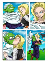 android_18 blonde_hair breast_grab chiomomo dragon_ball dragon_ball_z female green_skin kissing male nipples nude piccolo undressing