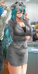 1boy 2girls bleach blonde_hair blue_hair breasts cleavage daraz18aka dark-skinned_female dark_skin facial_markings female fully_clothed glasses green_hair grimmjow_jaegerjaquez huge_breasts indoors light-skinned_female light_skin male nelliel_tu_odelschwanck office office_lady tia_harribel yellow_eyes