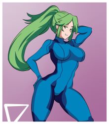 crossover female female_only green_hair kid_icarus metroid nintendo palutena samus_aran_(cosplay) solo white_skin zero_suit