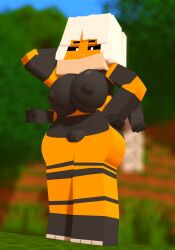 3d 4_arms anthro anthrofied areolae bee bee_(minecraft) black_body breasts female_only looking_at_viewer melinajbt mine-imator minecraft multi_arm multi_limb nipples nude pussy solo solo_female white_hair yellow_body