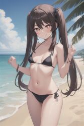 ai_generated beach bikini black_bikini blush brown_hair genshin_impact hu_tao_(genshin_impact) looking_at_viewer ocean palms partially_nude petite red_eyes sand seductive small_breasts smile thighs twintails water