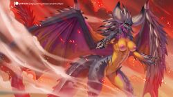 2023 5_fingers abs alanscampos anthro athletic athletic_anthro athletic_female breasts capcom claws digital_media_(artwork) dragon female fingers fire genitals horn looking_at_viewer membrane_(anatomy) membranous_wings monster_hunter nergigante nipples non-mammal_breasts non-mammal_nipples nude pussy solo wings