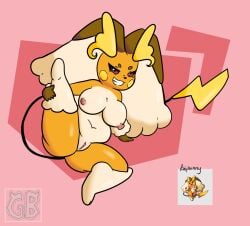 big_ears female fluffy fluffy_hair fur fusion generation_1_pokemon generation_4_pokemon grin hair hi_res holding_raised_leg hybrid hybrid_pokemon lagomorph leporid lopunny mammal nintendo orange_body orange_fur pokemon pokemon_(species) rabbit raichu raichu-lopunny short_stack slightly_chubby smile smug terryeternity