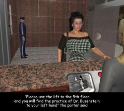 3d 3rd-art big_breasts bimbo bimbofication brown_hair comic dr_bubenstein elevator english_text glasses kelly_(3rd-art) tight_clothing tight_dress zipper zipper_down