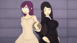 2girls apron big_breasts black_hair blush clones edna_and_harvey_the_breakout edna_konrad female female_only hand_on_hip koikatsu long_hair looking_at_viewer purple_hair skirt sweater