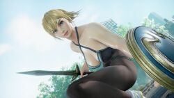 alluring blonde_hair bra cassandra_alexandra crouching female panties pantyhose project_soul silf soul_calibur soul_calibur_ii soul_calibur_iii soul_calibur_vi sword_and_shield weapons