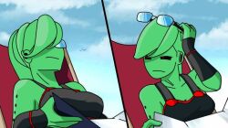 beach bikini black_clothing blue-tinted_eyewear clothing diyunk dragon_ball dragon_ball_xenoverse esmeralda_demon female female_majin female_only green_skin humanoid majin meme monster_girl oc original_character red_eyes self_upload source_request sunglasses tagme tinted_eyewear what