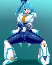 1futa balls big_breasts big_penis blue_hair bodysuit breasts censored clothed clothed_masturbation clothing erection fully_clothed futa_only futanari honda_takaharu human light-skinned_futanari light_skin masturbation masturbation_through_clothing mega_man mega_man_x_dive mosaic_censoring penis rico_(mega_man) solo squatting tongue tongue_out