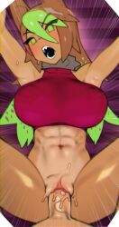 1boy 1girls abs armpits arms_up bottomless breasts brown_fur brown_hair collar dog_ears green_eyes green_hair minkye partially_clothed pussy sex sharp_teeth spiked_collar tagme two_tone_hair vaginal_penetration