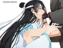 bishonen black_hanfu blowjob canon_couple cum cum_on_face cum_on_penis erection gay gay_sex hands_on_face hanfu headband lan_wangji long_hair_male love male_only mo_dao_zu_shi nyamuse penis stolen_art sweat tender white_hanfu yaoi