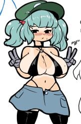 1girls aggie.io bikini blue_hair blush breasts double_v female female_only hair_bobbles hat huge_breasts mob_face navel nitori_kawashiro nono_(notnoe) shorts sketch solo tanline touhou zedrin