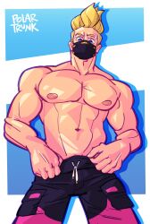 1boy bandage bandage_on_face bara drift_(fortnite) facemask fortnite looking_down looking_down_at_viewer male_only mask muscular muscular_male pulling_down_pants shirtless shorts solo solo_male summer_drift