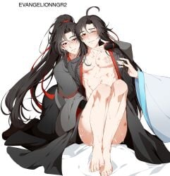 3boys bishonen black_hanfu bruises canon_couple clothed_sex clothing cum cum_on_ass duplicated_character gay gay_domination gay_sex gentle_maledom hanfu lan_wangji male_only maledom malesub mo_dao_zu_shi nude_male nyamuse open_hanfu playful precum smile soft_domination wei_wuxian yaoi