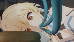 1girls blonde_hair blue_tentacles brown_eyes clothing cum cum_in_mouth cum_inside female floating_hydro_fungus fungi_(genshin_impact) genshin_impact long_hair lumine_(genshin_impact) lyusfyuring medium_breasts open_mouth oral orange_eyes tentacle triple_oral uncensored wide_eyed