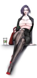 bag brave_new_world coffee glasses jacket kim_mi-jung large_breasts legs lipstick mature milf purple_eyes purple_hair red_lipstick thighs underboob wide_hips yoongonji