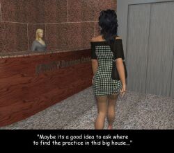 3d 3rd-art big_breasts bimbo bimbofication brown_hair comic dr_bubenstein elevator english_text glasses kelly_(3rd-art) tight_clothing tight_dress zipper zipper_down