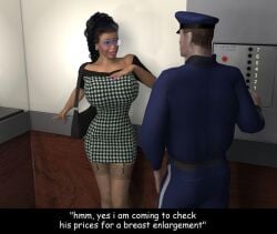 3d 3rd-art big_breasts bimbo bimbofication brown_hair comic dr_bubenstein elevator english_text glasses kelly_(3rd-art) tight_clothing tight_dress zipper zipper_down