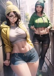 2girls ai_generated beanie beanie_hat belt clone clones crop_top female female_only glasses jeans jogging killjoy_(valorant) midriff navel pants shorts tagme thick_thighs thighs tight_pants tummy valorant