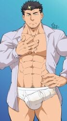 1boy 41raco balls bara black_hair boner bulge erection erection_under_clothes facial_hair human human_only male male_only muscles muscular penis solo solo_male tokyo_afterschool_summoners unbuttoned_shirt underwear white_underwear yellow_eyes zabaniyya_(tokyo_afterschool_summoners)