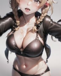 ai_generated black_jacket black_panties blush braid breasts brown_eyes brown_hair collarbone cowboy_shot crop_top female flower hair_flower hair_ornament head_tilt highres jacket large_breasts long_hair long_sleeves midriff navel no_headwear open_clothes open_jacket panties red_flower sports_bra stable_diffusion standing stlow7 stomach track_jacket twin_braids twintails underwear very_long_hair