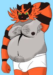 1boy armpit armpit_hair bara black_fur bulge bulge_through_clothing bulge_under_clothes chest_hair fang fat fat_man furry green_eyes hairy hairy_chest incineroar kamuoberu kamuoberu_(artist) male male_only muscle musclegut nipples pokémon_(species) pokemon pokemon_(species) red_fur solo striped_fur stripes underwear white_underwear