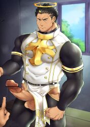 balls bara big_balls big_penis black_hair boner climb_zombie disembodied_hand erection facial_hair fully_clothed halo human human_only male male_only muscles muscular musk penis precum precum_string tokyo_afterschool_summoners yellow_eyes zabaniyya_(tokyo_afterschool_summoners)