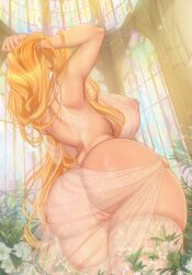 1girls 2d absurd_res areolae ass back_view big_breasts blonde_hair daphne_(babie_fluff) detailed_background female female_only hand_behind_head light-skinned_female light_skin liokko_mao long_hair nipples no_bra nsfw nude nude_female pale-skinned_female pale_skin pink_nipples pussy rear_view see-through see-through_clothing solo stockings thick_thighs thigh_squish viewed_from_below white_stockings