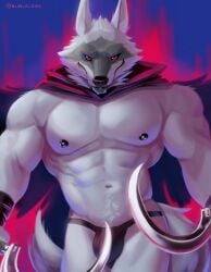 2023 abs absurd_res anthro biceps black_clothing black_nipples black_nose black_sclera bublelery bulge canid canine canis cape cloak clothed clothing death_(puss_in_boots) digital_media_(artwork) dreamworks dual_wielding fur grin hi_res holding_object holding_weapon looking_at_viewer male male_only mammal melee_weapon multicolored_body multicolored_fur muscular muscular_anthro muscular_male nipple_piercing nipples pecs piercing pubes puss_in_boots_(film) puss_in_boots_the_last_wish red_eyes serratus sickle signature smile solo tail thong topless two_tone_body two_tone_fur underwear weapon wolf