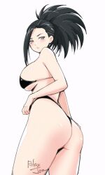 2d artist_name ass_focus bikini black_bikini black_eyes black_hair bubble_butt dat_ass female female_only large_breasts light-skinned_female light_skin looking_back momo_yaoyorozu my_hero_academia pale-skinned_female pale_skin ponytail relaxjon simple_background solid_color_background solo_focus watermark yaoyorozu_momo