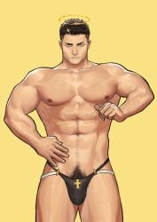 baimeme baimeme1 balls bara black_hair bulge facial_hair halo human human_only male male_only muscles muscular penis solo solo_male thong thong_only tokyo_afterschool_summoners yellow_eyes zabaniyya_(tokyo_afterschool_summoners)