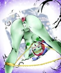 1girls after_sex after_vaginal anal_tail blue_eyes bunny_ears bunny_tail caway chained_up chains cum_drip cum_in_pussy dragon_ball dragon_ball_super female flatpancakes green_nipples green_skin jewelry legs_apart legs_spread medium_breasts open_mouth orgasm orgasm_face overflowing pink_hair pleasure_face satisfied_look sex_toy upside-down