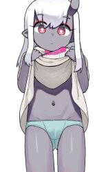 1girls blue_panties cute female grey_skin lakilolom long_hair looking_at_viewer mv_character nanashi panties pink_eyes shirt_lift solo white_hair white_shirt zutomayo