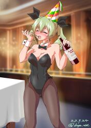 anchovy_(girls_und_panzer) artist_name black_bowtie black_leotard blush breasts brown_pantyhose cleavage closed_eyes covered_navel dated drops_mint eating female girls_und_panzer green_hair hair_ribbon large_breasts leotard long_hair oerba_yun_fang open_mouth pantyhose party_hat pizza playboy_bunny smile solo twintails wine_bottle