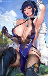 1girls areola_slip armpits blue_eyes blue_hair breasts female female_only genshin_impact green_eyes hips huge_breasts impossible_clothes large_breasts light-skinned_female light_skin loooyd nipples short_hair solo thick_thighs thighs wide_hips yelan_(genshin_impact)