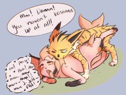 2022 ahe_gao alternate_form animal_genitalia animal_penis bite biting_another dialogue duo eeveelution english_text fan_character feral feral_on_feral feral_penetrated feral_penetrating feral_penetrating_feral freckledcoat fur generation_1_pokemon genitals hi_res jolteon looking_pleasured male male/male male_penetrated male_penetrating male_penetrating_male moan mottled nintendo open_mouth orgasm penetration penis piebald pink_body pokemon pokemon_(species) sex tapering_penis text yellow_body yellow_fur