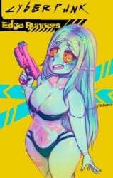 blue_skin breasts clothing cute cyberpunk:_edgerunners fckdrv999 female firearm handgun human pale_skin pink_tattoo pistol rebecca_(edgerunners) red_eyes tattoo thick thick_thighs weapon