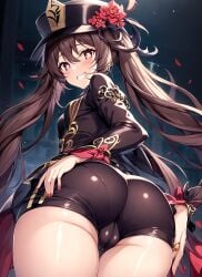 1girls ai_generated ass ass_focus black_shorts breasts brown_hair bubble_butt cameltoe chinese_clothes coattails come_hither female from_behind from_below genshin_impact grin hat hat_ornament hu_tao_(genshin_impact) huge_ass long_hair looking_at_viewer looking_down naughty_face red_eyes red_nails ring shiny shiny_clothes shiny_hair shiny_skin short_shorts shorts sideboob small_breasts smile solo stable_diffusion twintails very_long_hair