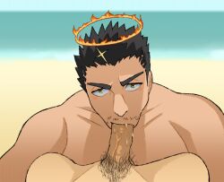 2boys balls bara black_hair blowjob boner erection facial_hair gay gorou_naoki halo human human_only male male/male male_only muscles muscular nude oral outside penis tokyo_afterschool_summoners yaoi yellow_eyes zabaniyya_(tokyo_afterschool_summoners)