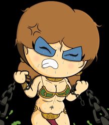 bare_arms bare_legs bare_midriff bare_shoulders bare_thighs belly_button belly_button_piercing big_breasts big_breasts bikini bikini_top blue_eyeshadow boots brown_boots brown_hair chain_collar chain_leash chain_pull chained_up chains chains collar collar_chain eyeshadow gold_bikini gold_bikini_top gold_collar golden_bikini golden_bikini_top golden_collar loincloth metal_bikini metal_collar midriff navel navel_piercing red_loincloth slave slave_bikini slave_collar slave_leia slave_leia_(cosplay) slave_outfit slavegirl star_wars sweat sweatdrop sweating