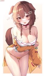 arm_under_breasts bare_legs bare_shoulders barely_clothed blush bone_hair_ornament bowtie braided_twintails brown_eyes brown_hair cute cute_fang dog_collar dog_ears dog_girl dog_tail excited fingernails g-string heart_tattoo hololive hololive_gamers hololive_japan inugami_korone kkato large_breasts short_hair shy smile thick_thighs underwear virtual_youtuber white_topwear yellow_jacket