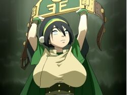 1girls abstract_background alternate_breast_size arms_above_head arms_up artist_request avatar_the_last_airbender big_breasts black_hair blind breasts busty clothed clothed_female clothes clothing emotionless feet_out_of_frame female female_focus female_only fully_clothed grey_eyes hair hair_ornament hairband holding_object huge_breasts human human_only large_breasts light-skinned_female light_skin looking_up medium_hair nickelodeon screencap screenshot screenshot_edit solo solo_female solo_focus source_request standing straight_hair toph_bei_fong topwear wristband wristwear