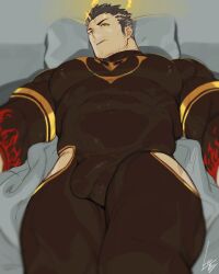 balls bara big_pecs black_hair bodysuit bulge facial_hair fully_clothed gomtang halo low-angle_view male male_only muscles muscular penis solo solo_male tokyo_afterschool_summoners yellow_eyes zabaniyya_(tokyo_afterschool_summoners)