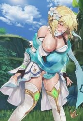 1girls big_breasts blonde_hair blush bondage cyclone cyclone_(reizei) diqshit drool embarrassed fungi_(genshin_impact) genshin_impact lumine_(genshin_impact) monster_rape nipples one_breast_out partially_clothed pussy_juice rape restrained slime slime_monster vaginal_penetration