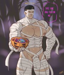 1boy balls bandages bara big_pecs black_hair bowl bulge candy english_text facial_hair halloween halo human human_only k_sen212 male male_only mummy_costume muscles muscular penis solo solo_male speech_bubble tokyo_afterschool_summoners yellow_eyes zabaniyya_(tokyo_afterschool_summoners)