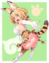 10s :d animal_ears belt blonde_hair blush commentary_request elbow_gloves extra_ears female full_body gloves green_background hair_between_eyes high-waist_skirt highres japari_symbol kemono_friends looking_at_viewer looking_back no_panties onsoku_inu open_mouth outstretched_arms print_legwear print_skirt serval_(kemono_friends) serval_print serval_tail short_hair skindentation skirt smile solo tail thighhighs white_footwear white_gloves white_thighhighs yellow_eyes yellow_skirt yellow_thighhighs