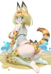 animal_ears ass blonde_hair blush highres kemono_friends legwear leotard looking_back medium_breasts sakurai_shizuku_(mimipull) serval_(kemono_friends) smile underwear